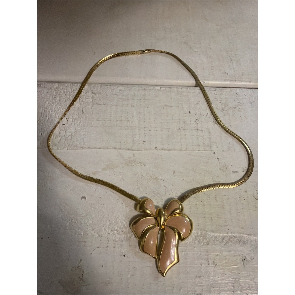 Vintage Napier Florabella Bow Necklace, Pink Enamel and Gold Tone Statement Pend